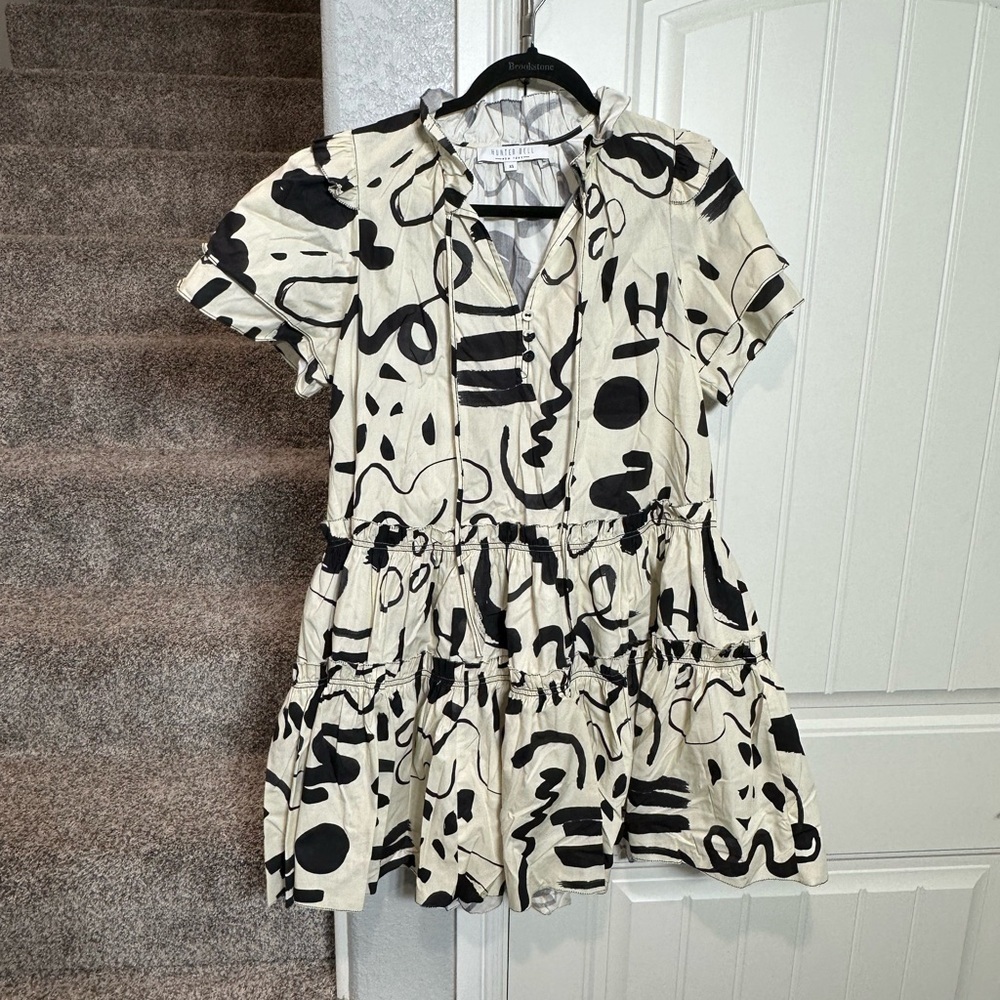 Hunter Bell Merritt Mini Dress Abstract Ink Line Cotton Ruffle - Picture 13 of 15